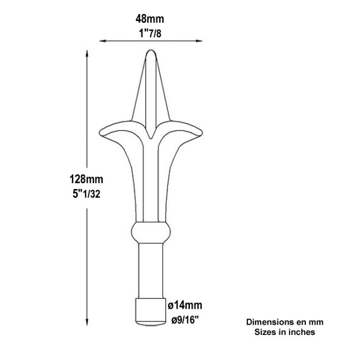 Pointe, fer de lance en acier à souder 130mm, estampés, fleur de lys