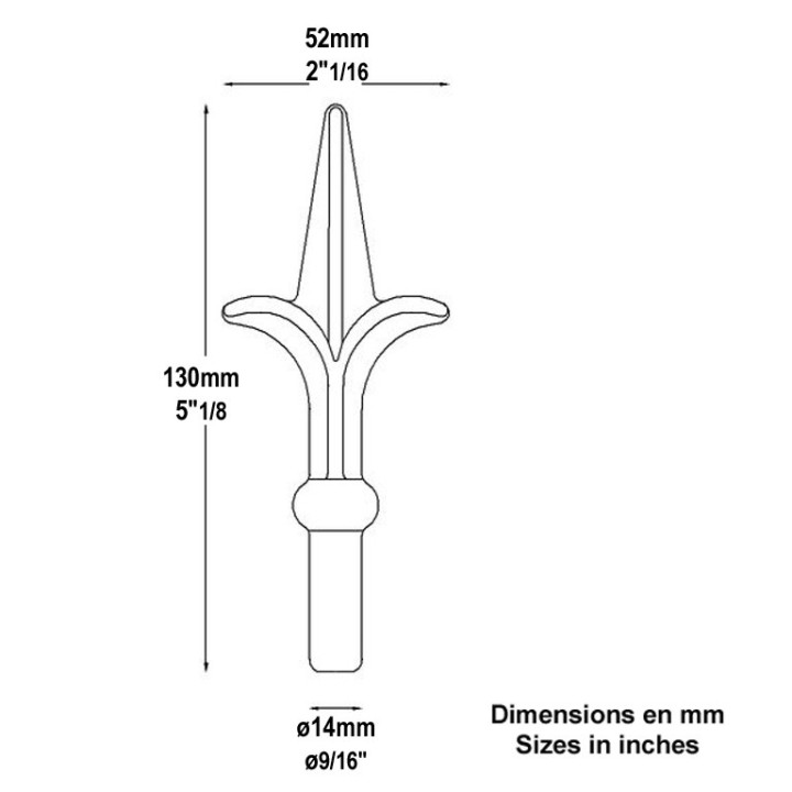 Pointe, fer de lance en acier à souder 130mm à 160mm, fleur de lys