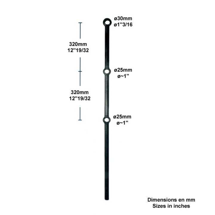 Poteau acier hauteur 1200mm et 3 trous renflés pour Ø25 et Ø30mm