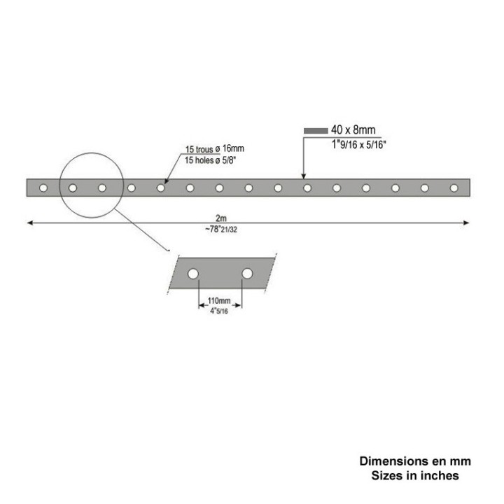 Barres 40x8mm 2 m avec 15 ou 16 trous de barreaux Ø16 ou Ø20mm