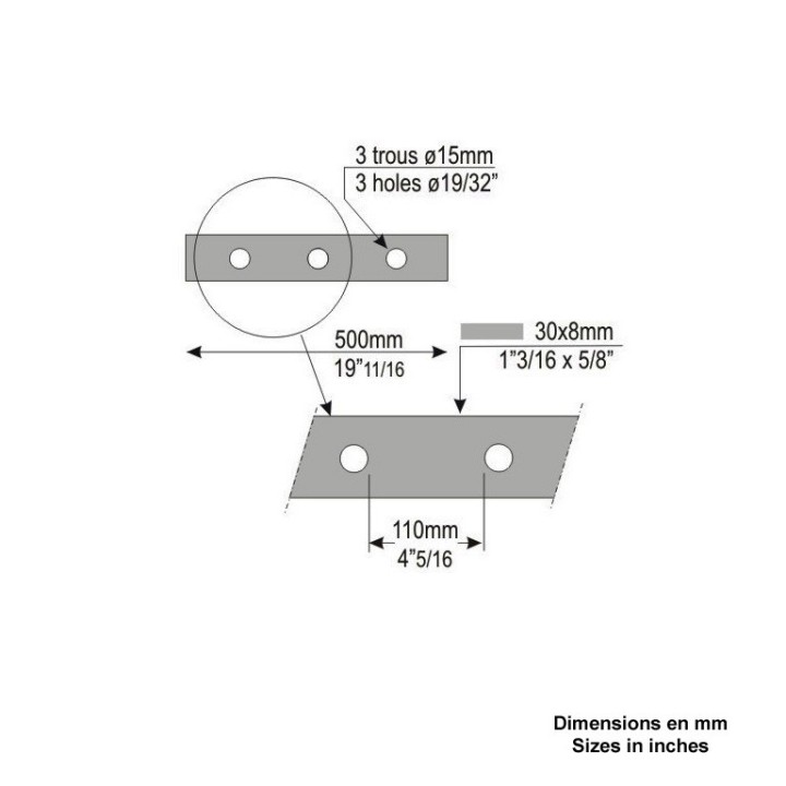 Barres 30x8mm 3 à 13 trous ronds Ø15mm pour grilles de défenses
