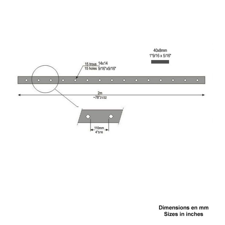 Barres 40x8mm avec 15 trous carrés losange de 14x14 ou 16x16mm