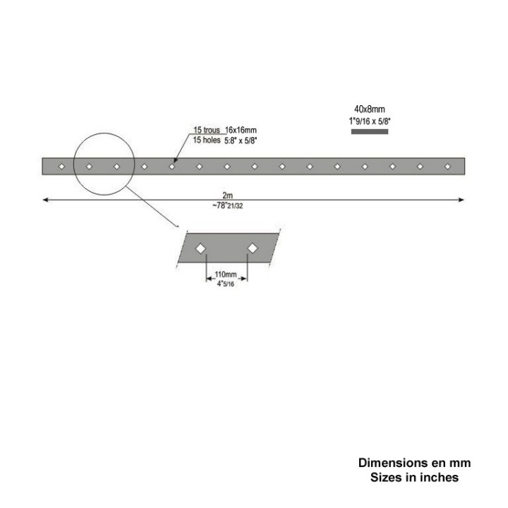 Barres 40x8mm avec 15 trous carrés losange de 14x14 ou 16x16mm