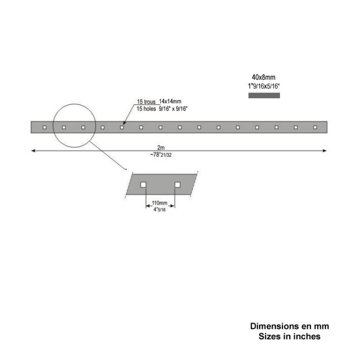 Barres 40x8mm avec 15 trous carrés droits de 14x14mm ou 16x16mm