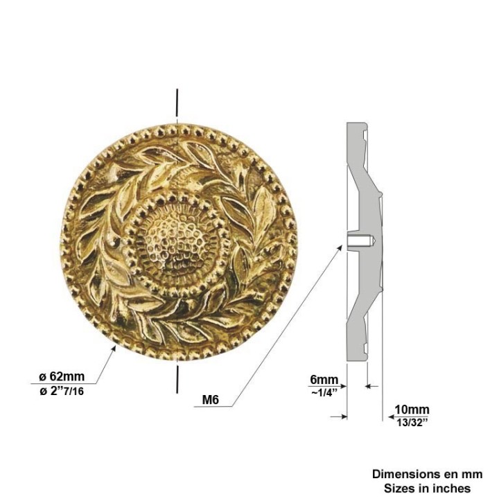 Rosace en laiton polie vernie à fond perlé Ø62mm trous borgnes