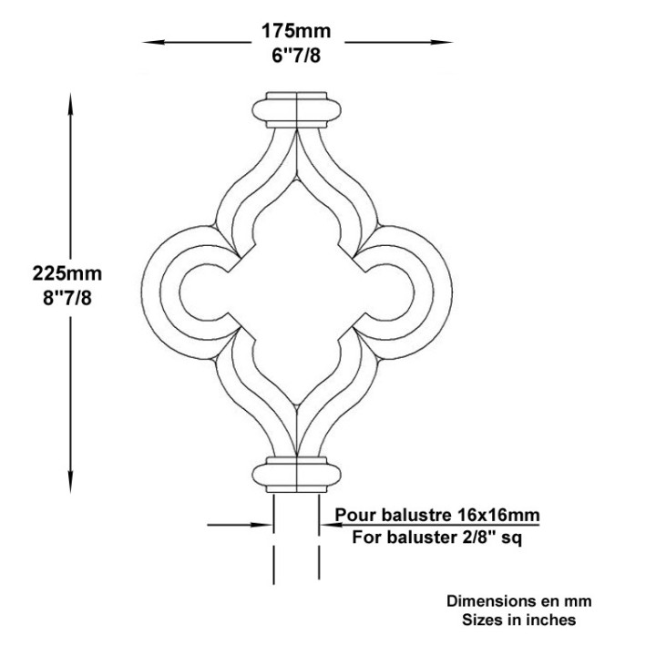 Garniture en fonte de balustre Ø16mm 225x175mm ? 16 losange