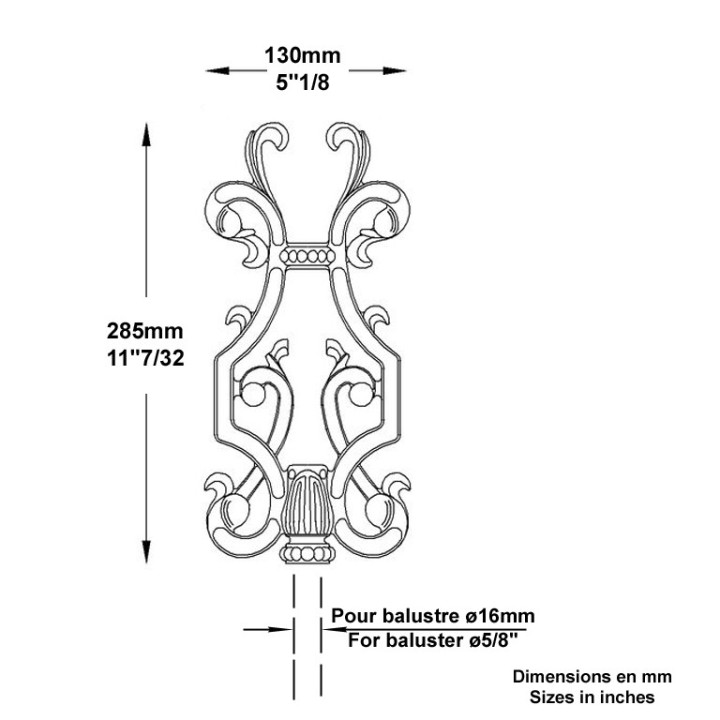Habillage en fonte de balustre Ø16mm 285x130mm avec motifs