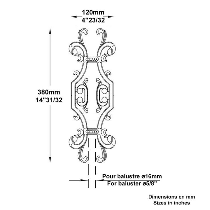 Habillage en fonte de balustre Ø16mm 380x120mm avec motifs
