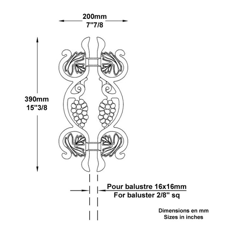 Habillage en fonte de balustre ?16mm avec motifs raisins grappes