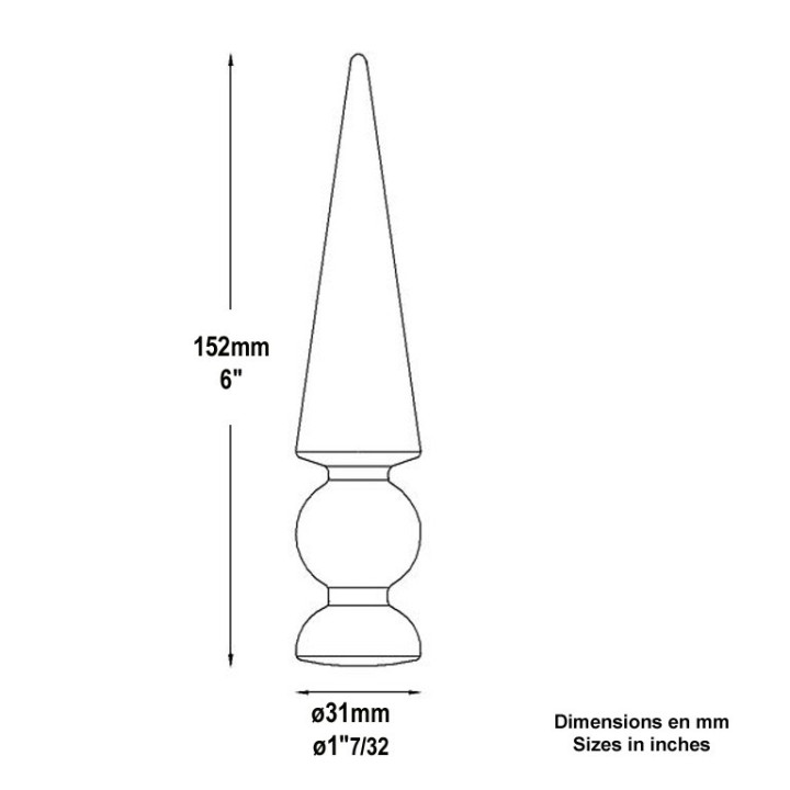 Pointe de lance effilée pointue 152 mm en acier à souder en bout