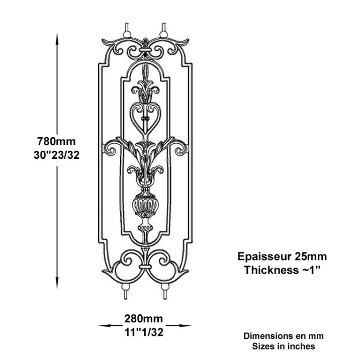 Balustre en fonte décorative hauteur 980x280mm avec inserts acier