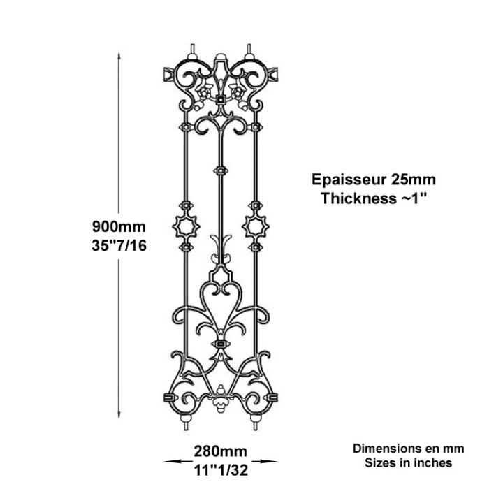 Balustre en fonte décorative hauteur 900x280mm avec inserts acier