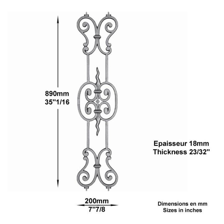 Balustre en fonte décorative hauteur 890x200mm avec inserts acier