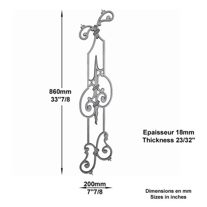 Balustre en fonte pour escaliers hauteur 860x200mm avec inserts