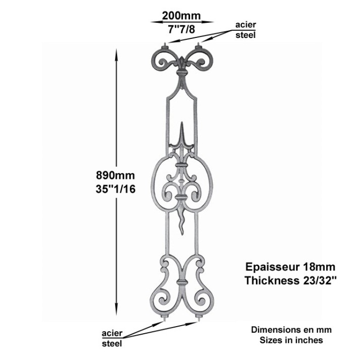 Balustre en fonte décorative hauteur 890x200mm avec inserts acier