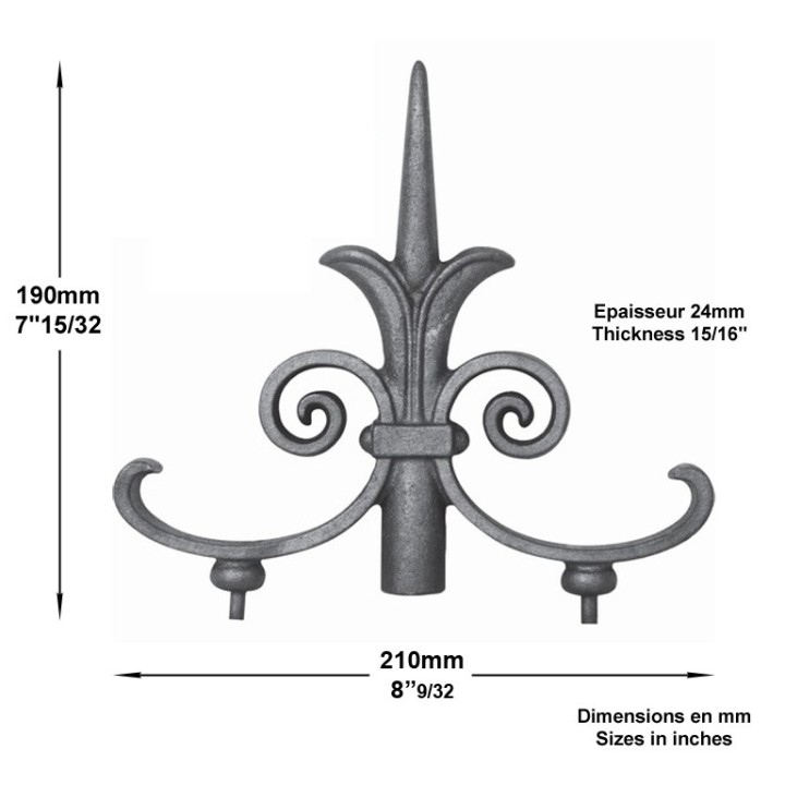 Décor en forme de pointe de lance fonte avec volutes et inserts