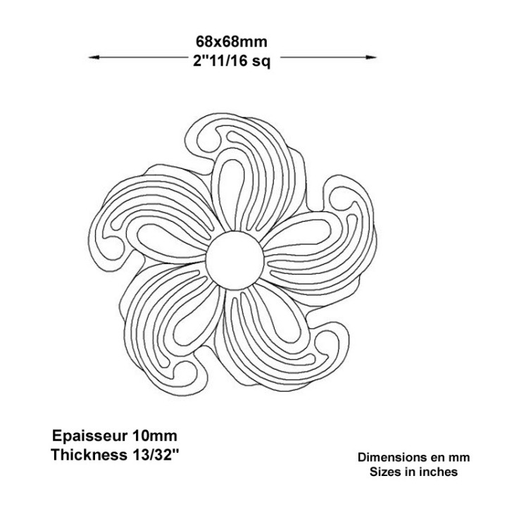 Rosace en acier de forme spiralée 68x68mm pour la décoration