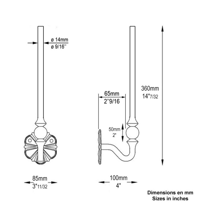 Patères supports mains courantes barreaux équerres Ø14 ou 14mm