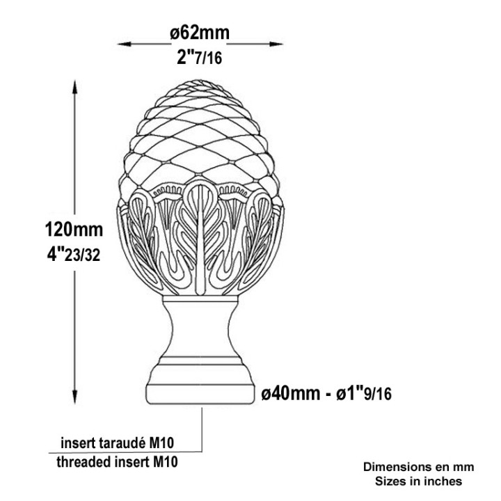 Pomme de pin en fonte d'aluminium 1200mm avec insert M10