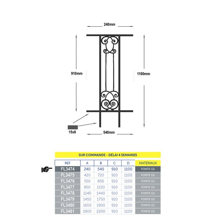 Balustrades garde-corps Amboise fonte GS largeur 540mm à 2200mm