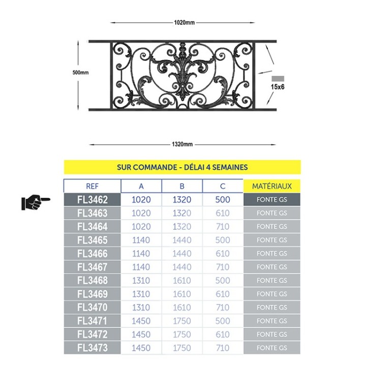 Garde-corps modèle Amboise en fonte GS largeur 1320 à 1750mm