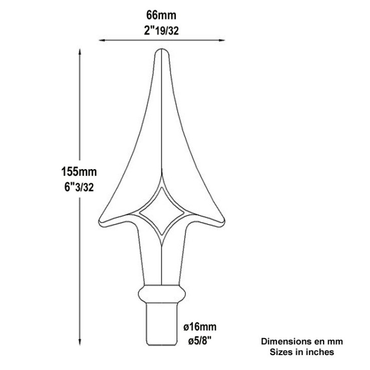 Pointe de lance en flèche  155mm ø16mm en acier à souder en bout
