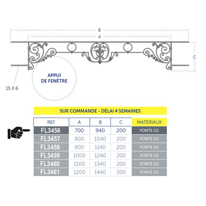 Appuis de fenêtres Chinon en fonte GS longueur 940 à 1440mm