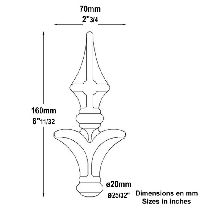 Pointe de lance en forme de croix 160mm collerette ø20mm acier