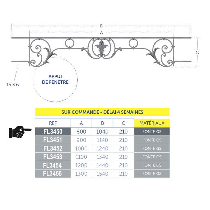 Appuis de fenêtres Chambord en fonte GS longueur 1040 à 1540mm