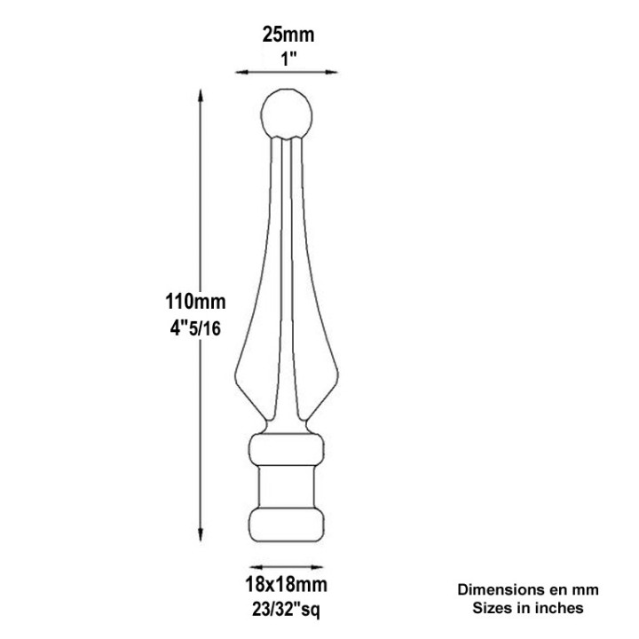 Pointe de lance à 4 ailes 110mm à 210mm embase collerette carrée