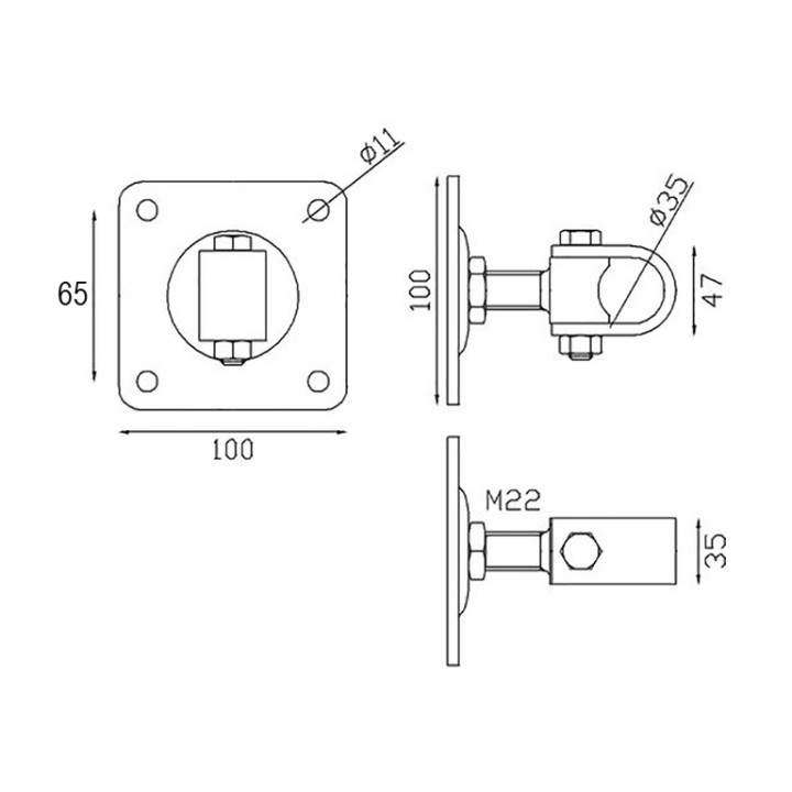 Gonds avec plaques de fixation pour tubes 35x35mm ou 40x40mm
