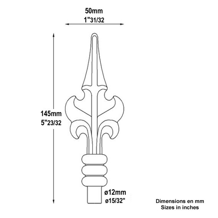 Pointe de lance nervure feuille 145mm à 180mm à souder sur rond