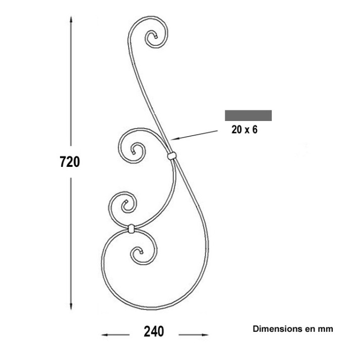 Panneau déco alu formé de 2 volutes assemblées en plat de 20x6mm