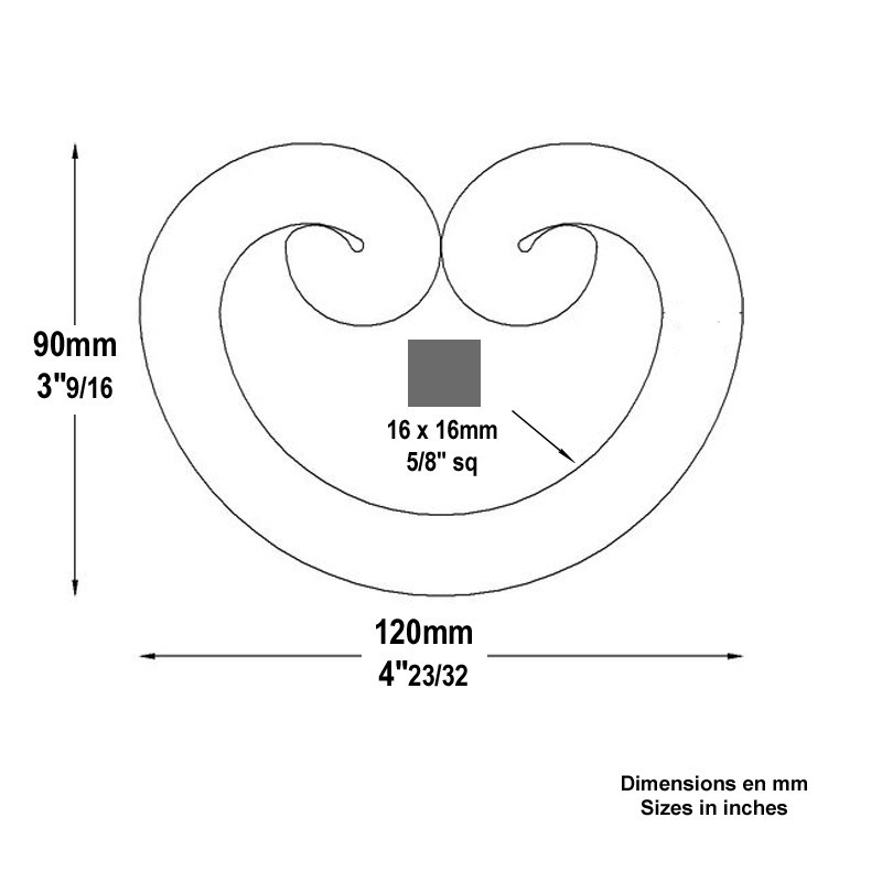 Volutes avec extrémités à noyaux en forme de C carré de 16x16mm