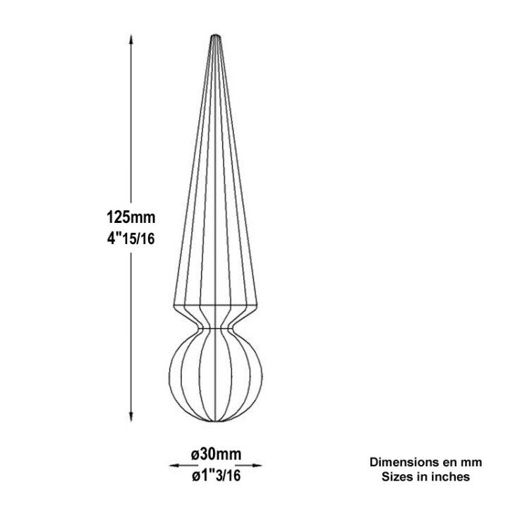 Pointe de lance effilée en acier forgé 125mm collerrette ø30mm