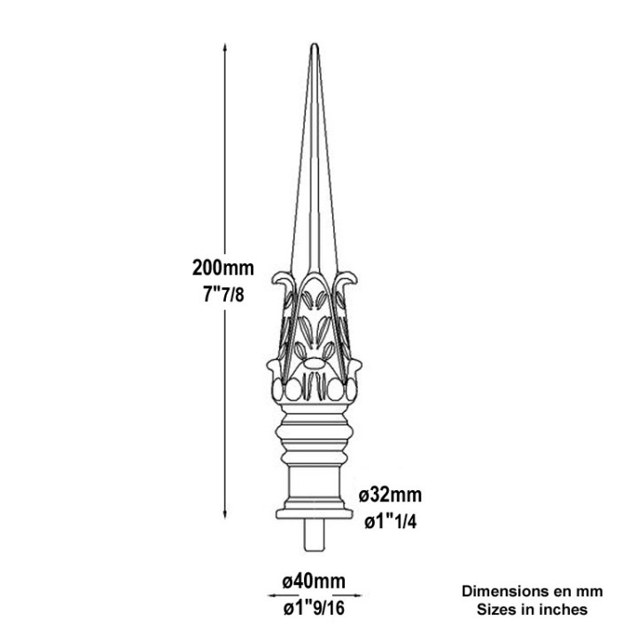 Pointe de lance ancienne en fonte 200mm insert acier, base ø32mm