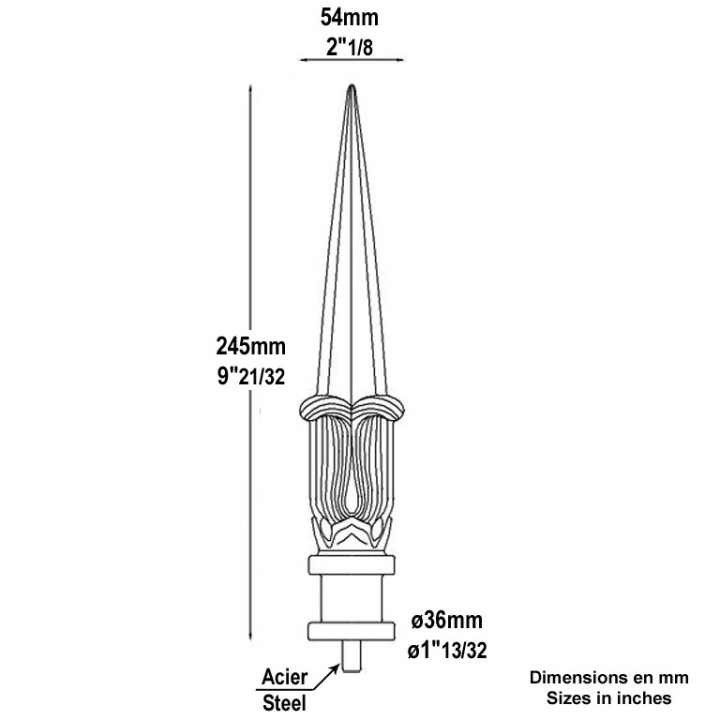 Pointe de lance ancienne en fonte 245mm insert acier, base ø36mm