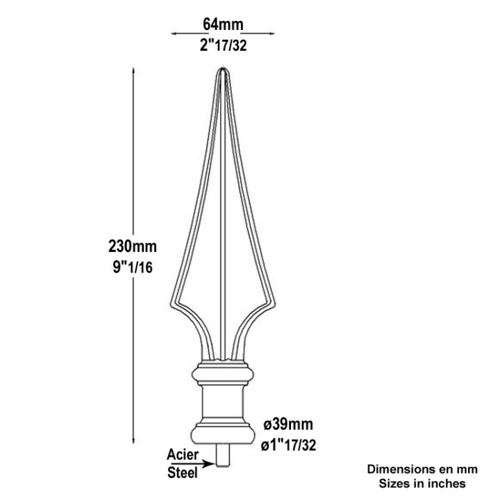 Pointe de lance ancienne en fonte 230mm insert acier, base ø39mm