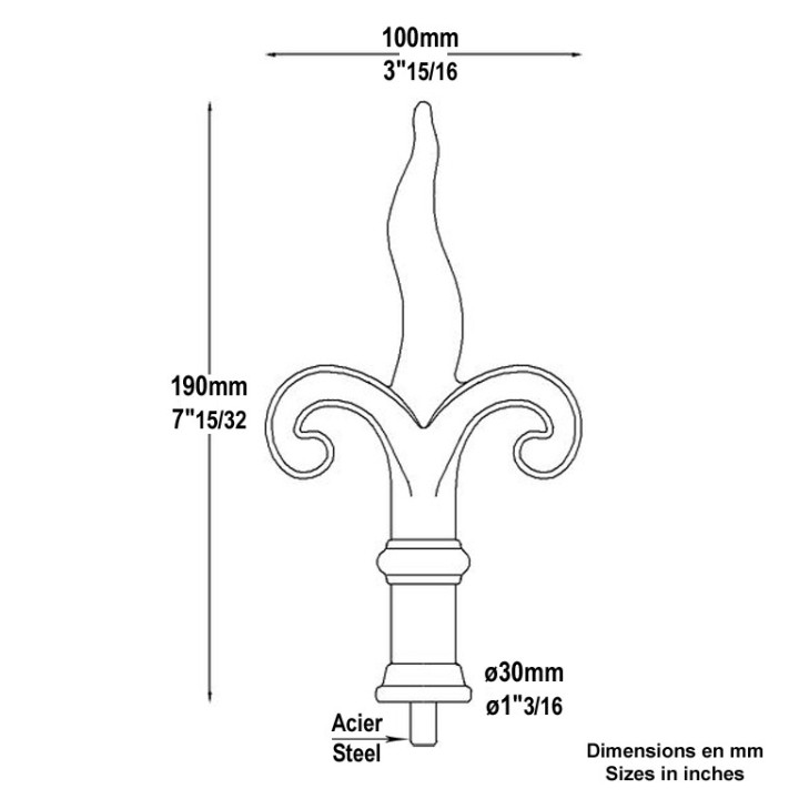 Pointe de lance en flamme en fonte 190mm insert acier base ø30mm