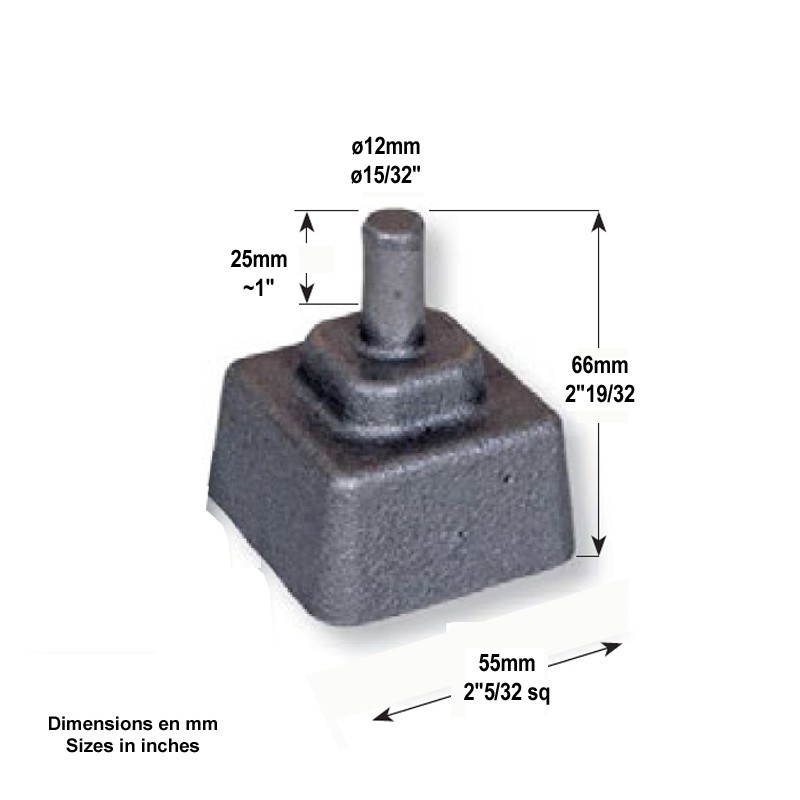Crapaudine en fonte à sceller base 55x55mm avec axe Ø12mm