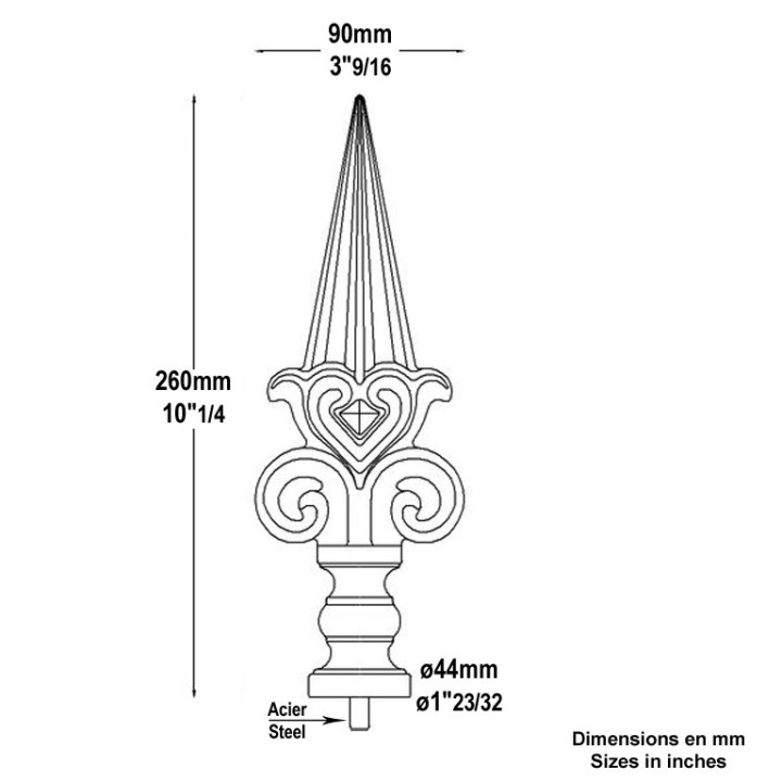 Pointe de lance massive en fonte 260mm insert acier base ø44mm