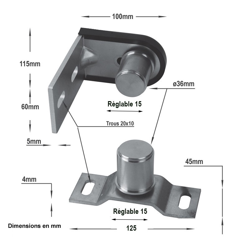 Ensemble gond et pivot en acier sur platines pour tube 40x40mm