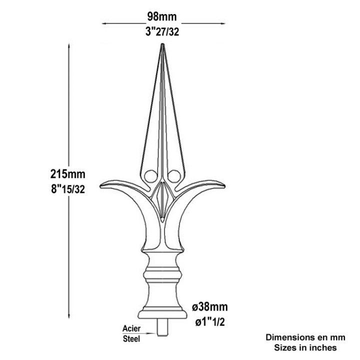 Pointe de lance fleur de lys fonte 215mm insert acier base ø31mm