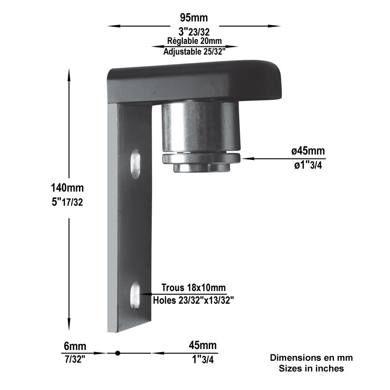 Pivots haut en acier Ø45mm sur equerre platine de fixation à visser