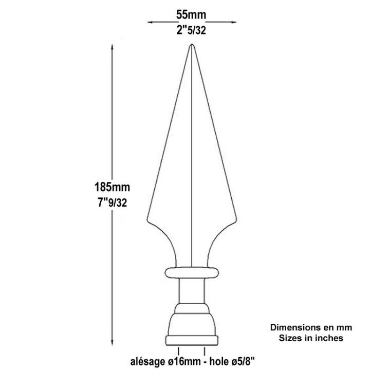 Pointe de lance flèche en fonte 185mm alésage ø16mm larg. 55mm