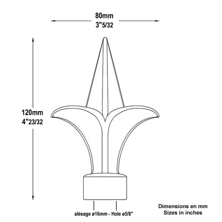 Pointe de lance fleur de lys en fonte 120mm alésage rond ø16mm