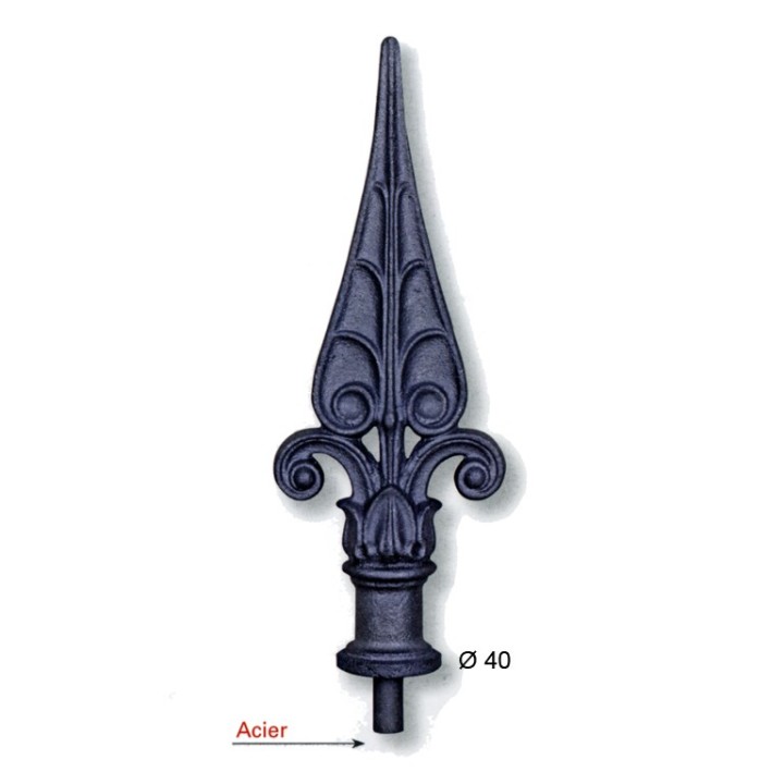 Pointe de lance nervurée en fonte 240mm insert acier base ø40mm