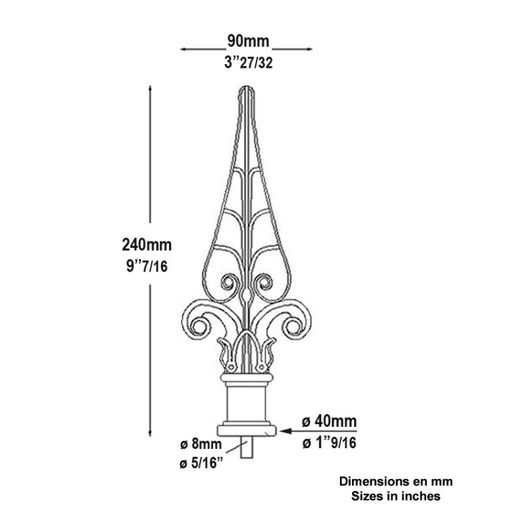 Pointe de lance nervurée en fonte 240mm insert acier base ø40mm