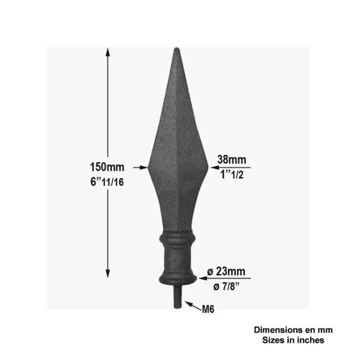 Pointe de lance flèche en fonte 150mm inert en acier base ø23mm