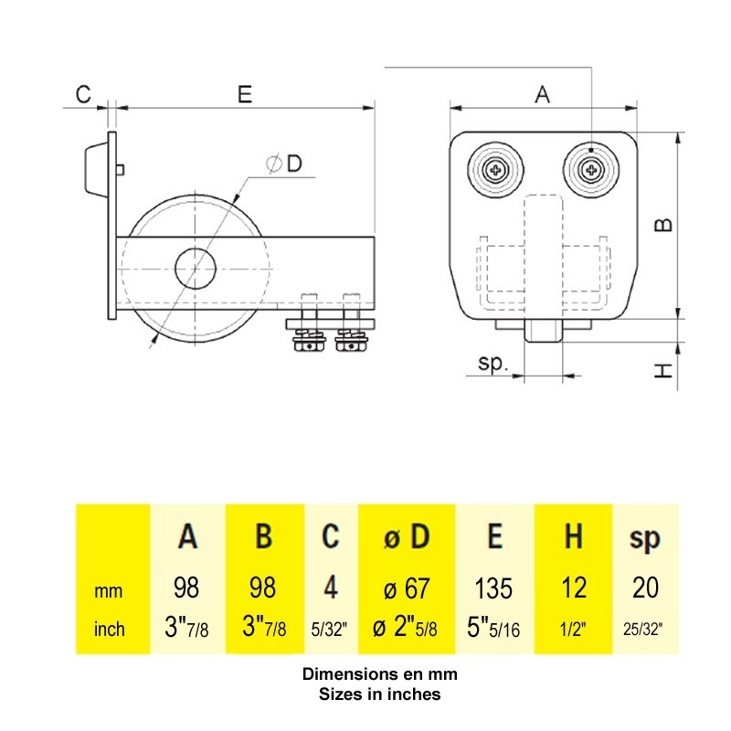 Guide de fin d'ouverture pour rail 98x98mm cantilever de portail